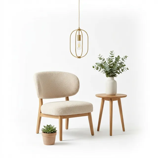 Modern Scandinavian accent chair with side table, eucalyptus vase, hanging pendant light, and potted succulent
